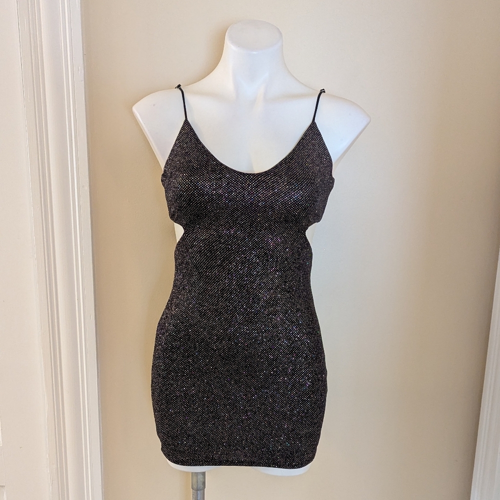 Lucky in the Sky black colorful glitter cut out mini dress Size XS